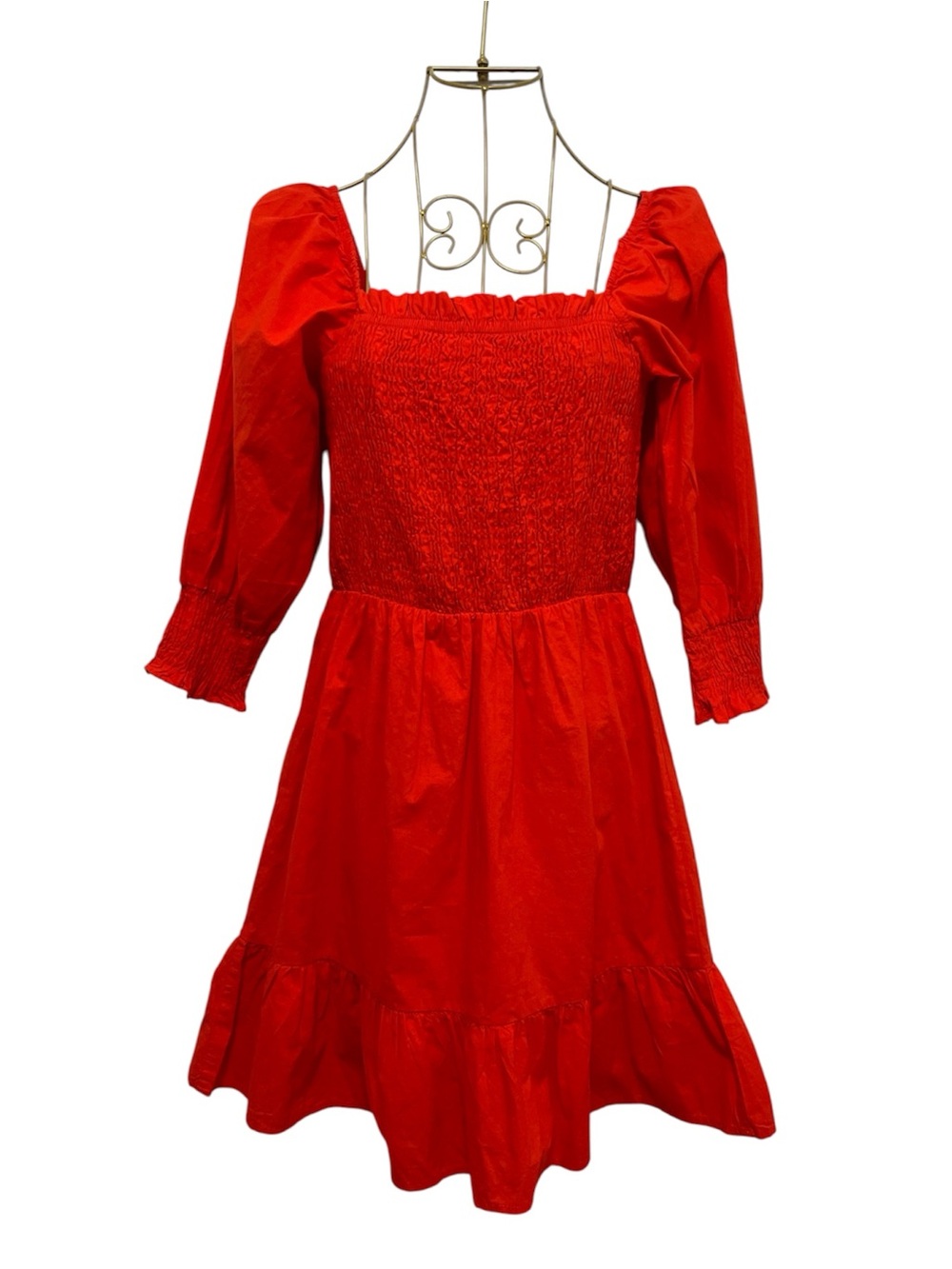SIM & SAM Smocked Puff Sleeve Fit & Flare Cotton Mini Dress Red Orange Size S